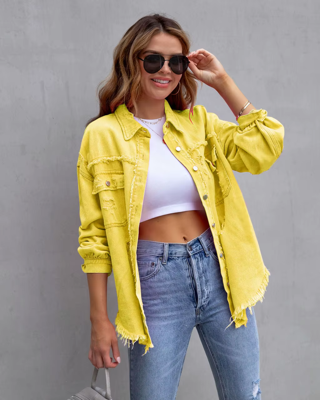 Veste en jean mi-longue à bords bruts déchirés pour femme, haut à revers décontracté, manches longue