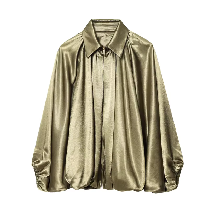 Veste bombardier femme manches longues plis vêtements de rue avec fermeture éclair vert Beige Vintag