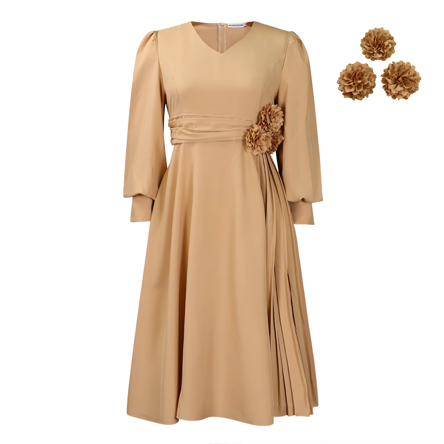 Robe longue femme plissée col en V manches longues fleurs 3D taille ajustée maxi ligne A été 2025