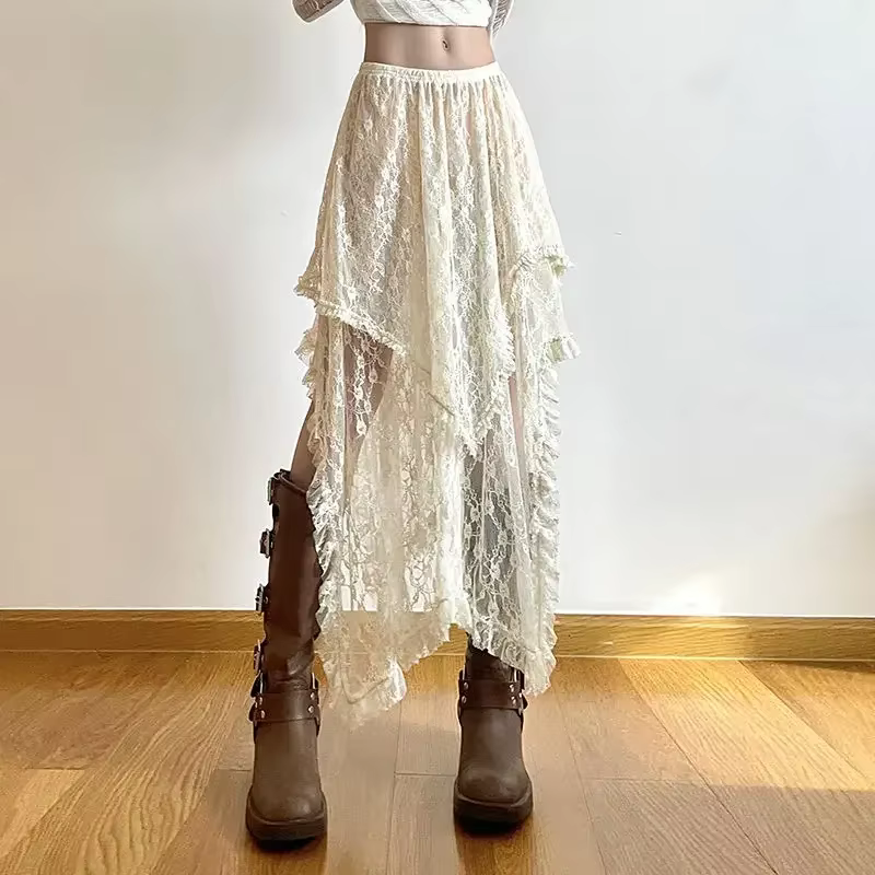 Jupe asymétrique en dentelle Fairycore pour femmes, Vintage Y2K Boho, mode esthétique, taille haute,