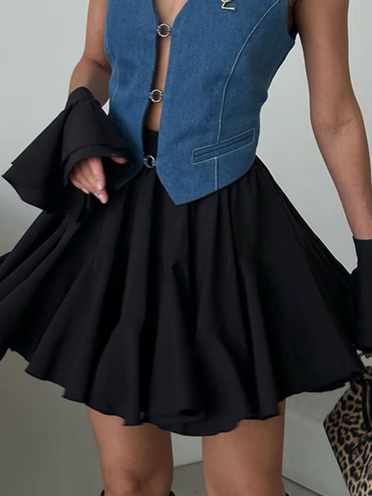 Mini jupe trapèze taille haute pour femme, jupe de tennis vintage à volants, jupes courtes tutu noir