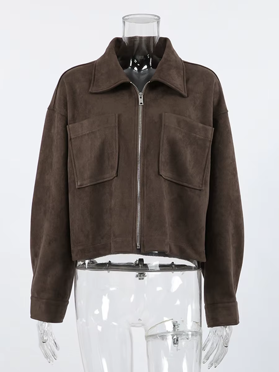 Veste courte en daim marron foncé pour femme, manteau d'automne, col rabattu, manches longues, ferme