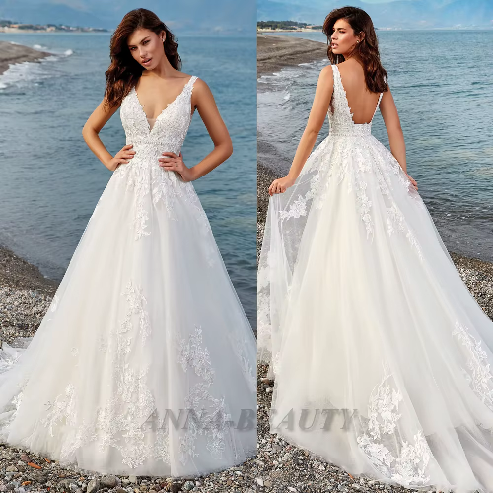 Anna charmante Robe De mariée col en v femme mariée Appliques sans manches dos ouvert balayage Train