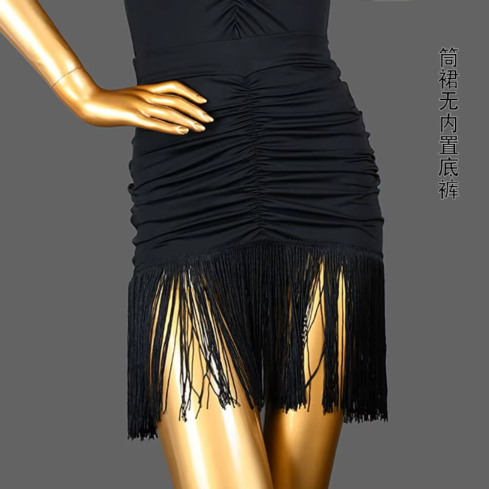Jupe de danse latine noire à franges et volants pour femmes, costume d'entraînement de danse avec ta