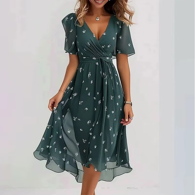 Robe imprimée élégante et à la mode pour femmes, longueur aux genoux, ample, décontractée, col en v,