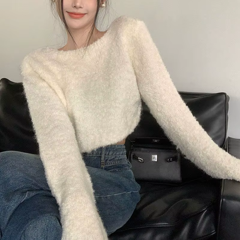 Pull en fil bouclé à manches en corne pour femme, style doux d'automne et d'hiver, pull en tricot un