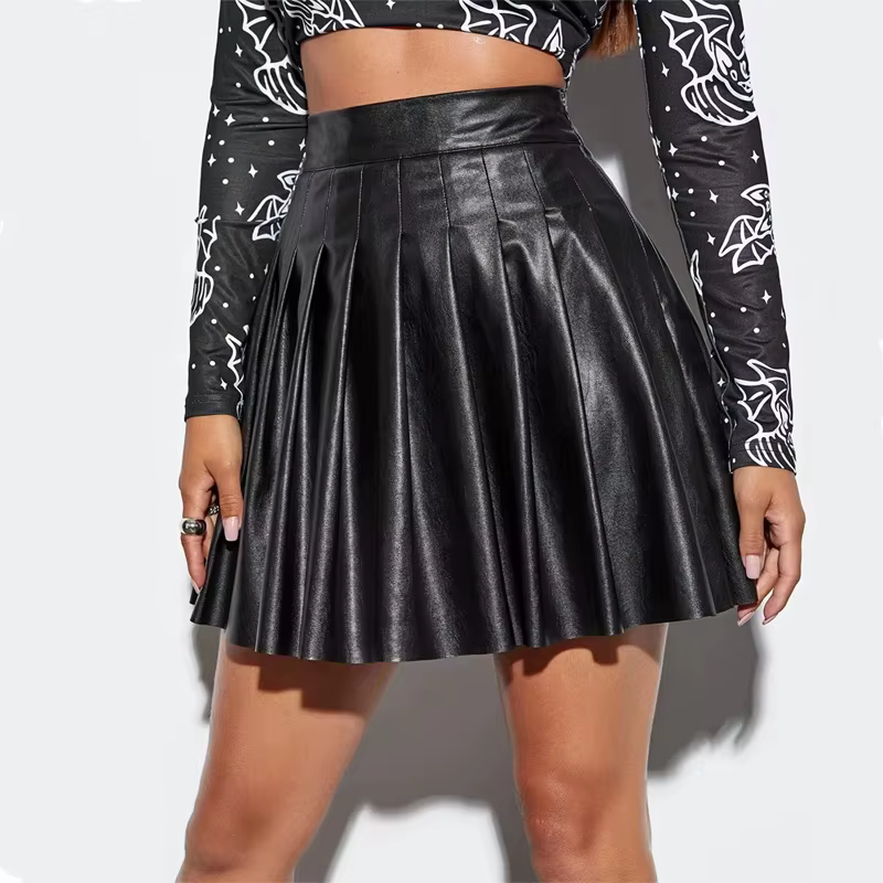 Mini-jupe plissée sexy en similicuir pour femme, taille haute, décontractée, coupe trapèze, tenue co