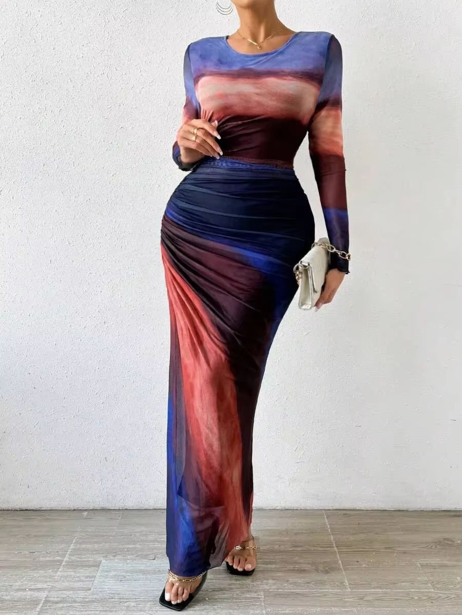 Robes taille haute pour femmes, mode imprimée, sexy, moulante, fente, col rond, manches longues, jup