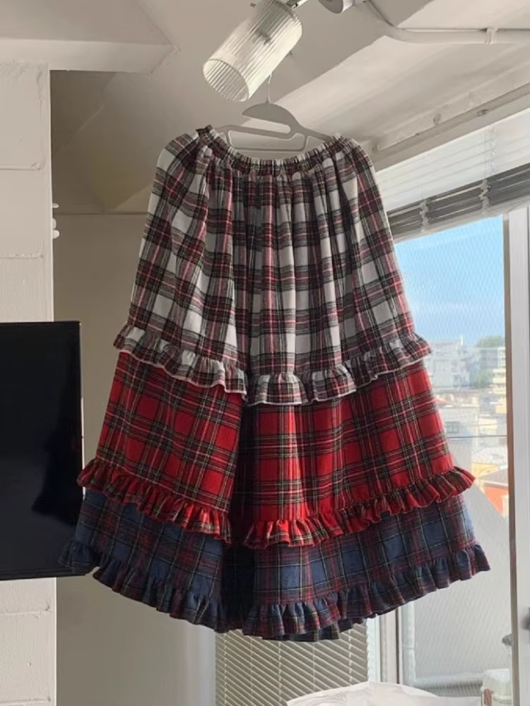 Jupe patchwork à taille élastique pour femme, jupe A-Line à carreaux, design chic, vintage, mignon, 