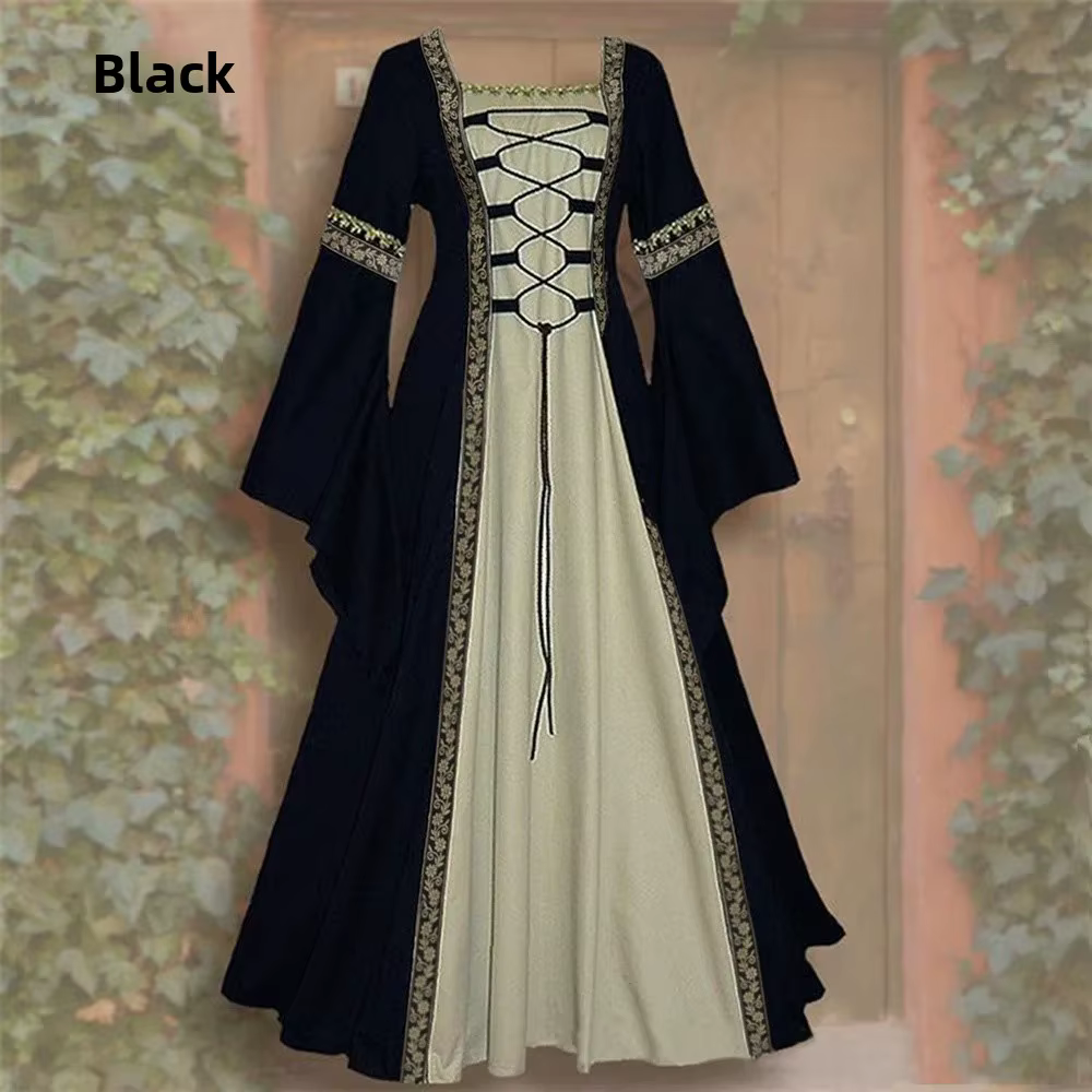 Robe longue de style gothique avec manches cloche, col carré, bordure en dentelle, ourlet ceinturé p