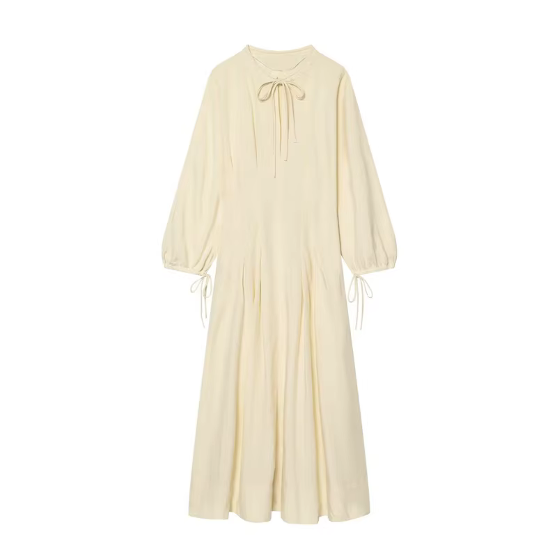 Robe longue pour femme, nouvelle collection été 2026, beige, à manches longues, ample, avec nœud déc