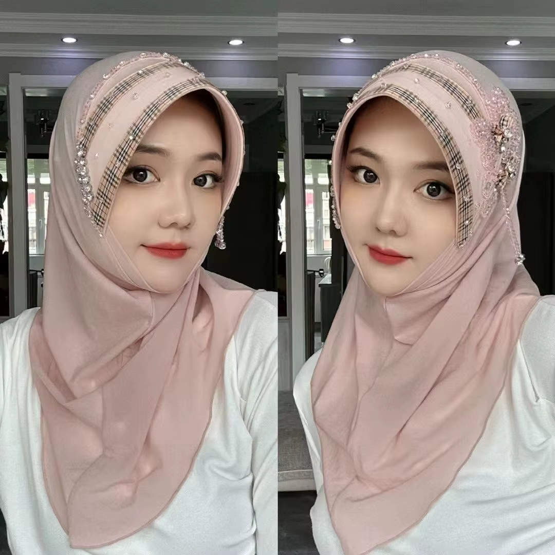 Hijab musulman pour femmes, châle, foulard de luxe en mousseline avec pompons, style Malaisie Kufi I