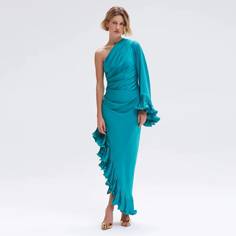 Robe une épaule plissée, Sexy, sans manches, longueur au sol, pour soirée d'anniversaire, Robe de ba