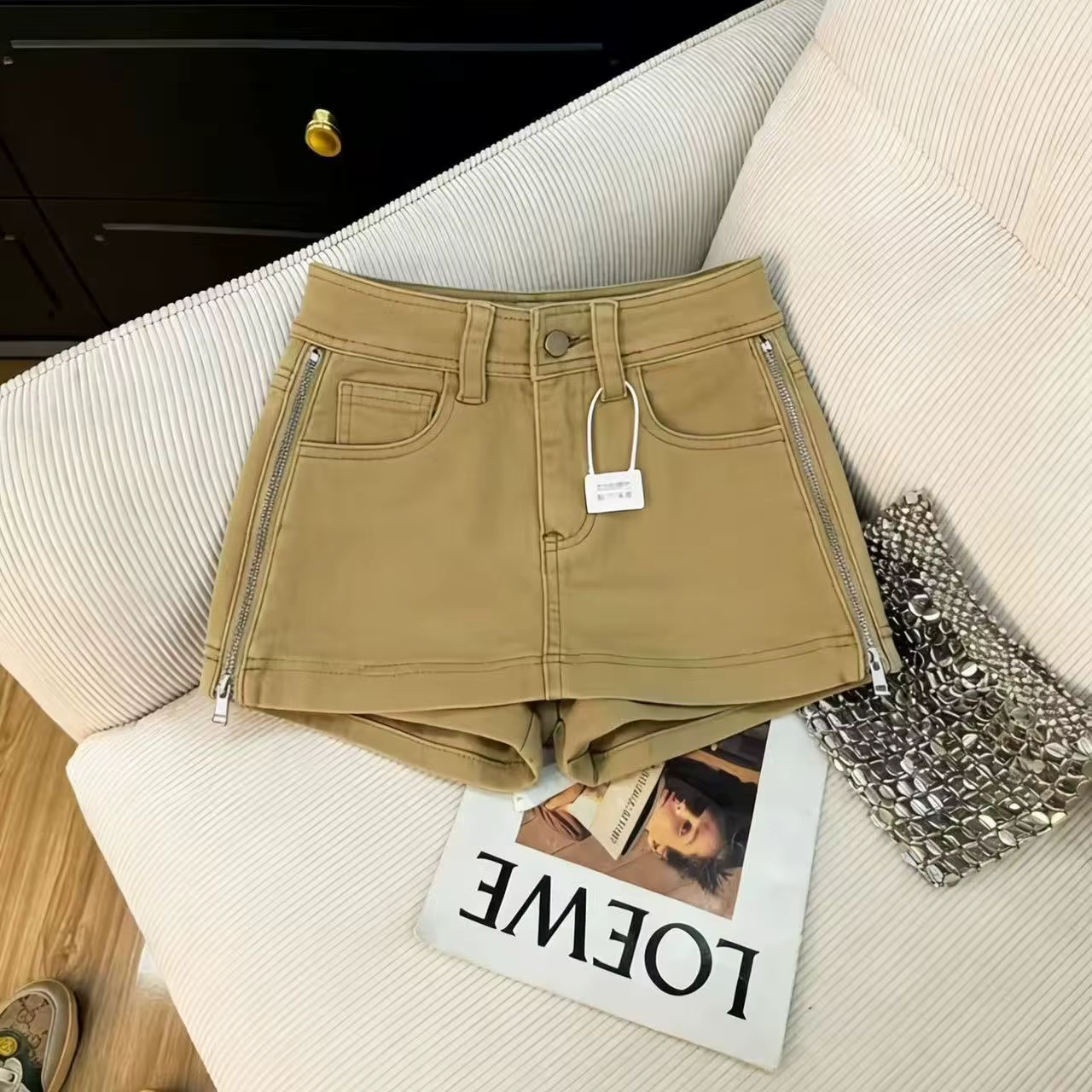 Jupe-short en jean taille haute kaki avec fermeture éclair, nouvelle collection été, style cargo Spi