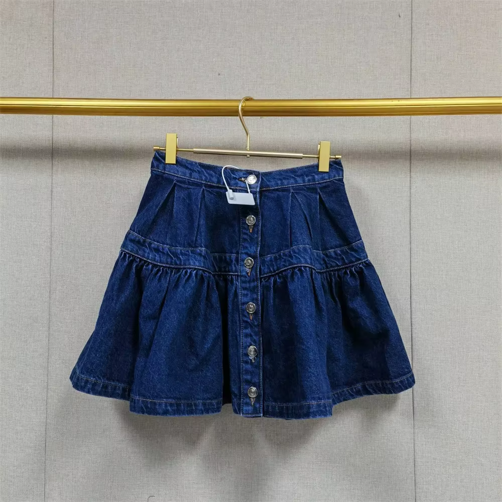Jupe en jean plissée pour femme, coupe trapèze, taille haute, bleu tendance, simple boutonnage, mini