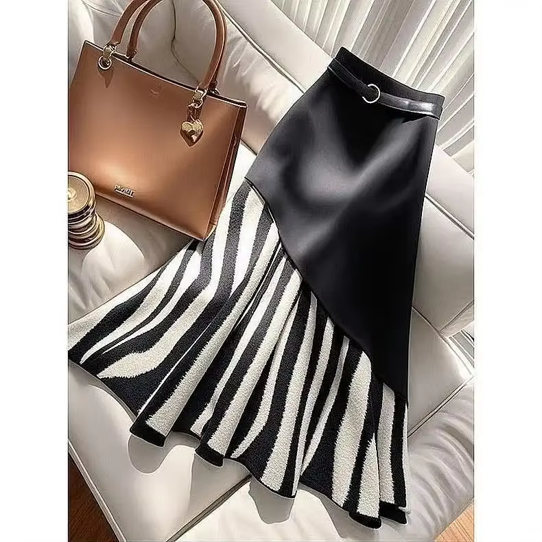 Jupe midi pour femme en similicuir patchwork à rayures zébrées asymétriques