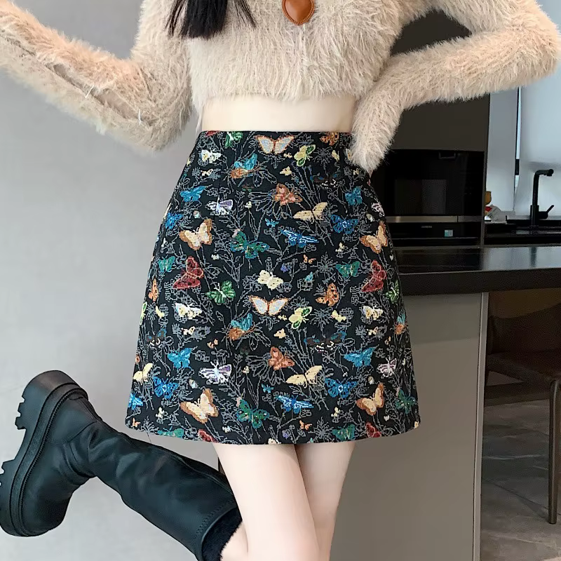 Jupe Jacquard brodée de papillons pour femme, jupe courte trapèze taille haute, nouvelle collection