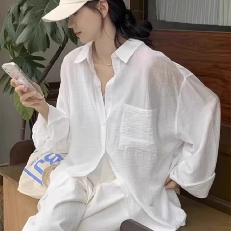Chemise blanche pour femme, ample, à manches longues, fine, décontractée