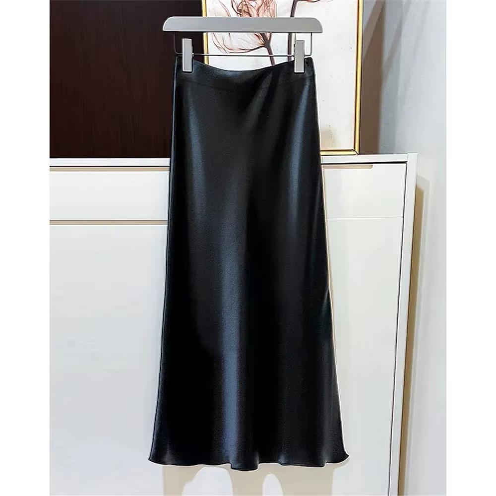 Jupe en satin noir taille haute pour femme, jupes longues élégantes, mode de rue, midi d'été, bureau