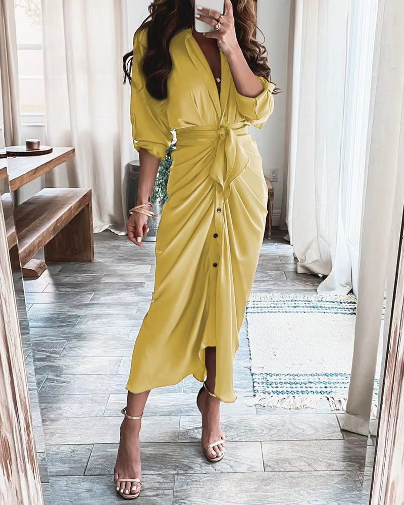 Robe longue à manches longues pour femmes, col en V, robe mi-longue imprimée avec ceinture
