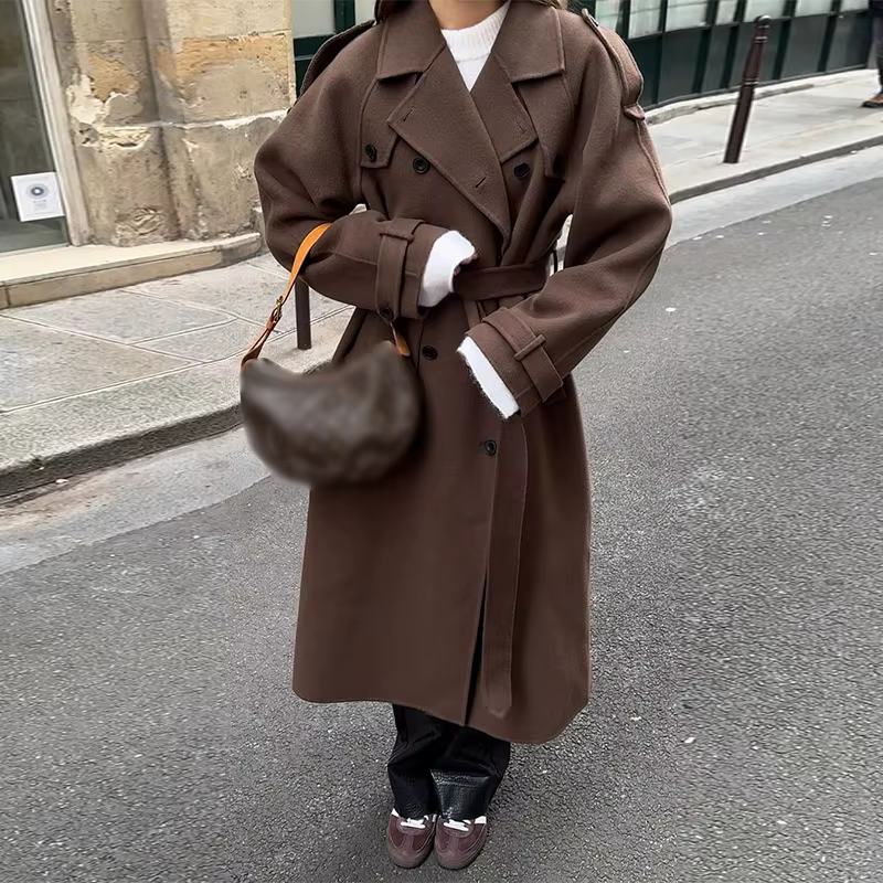 Manteau long décontracté rétro pour femme, col coloré, manches longues, double boutonnage, ceinture 