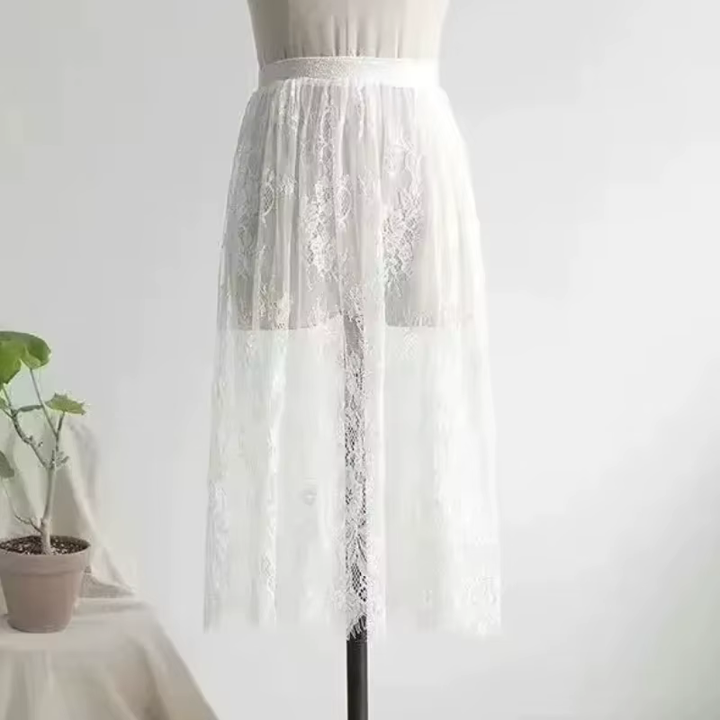 Transparent Sexy dentelle maille jupe élastique taille haute noir blanc Tulle Mini jupes femmes jupe