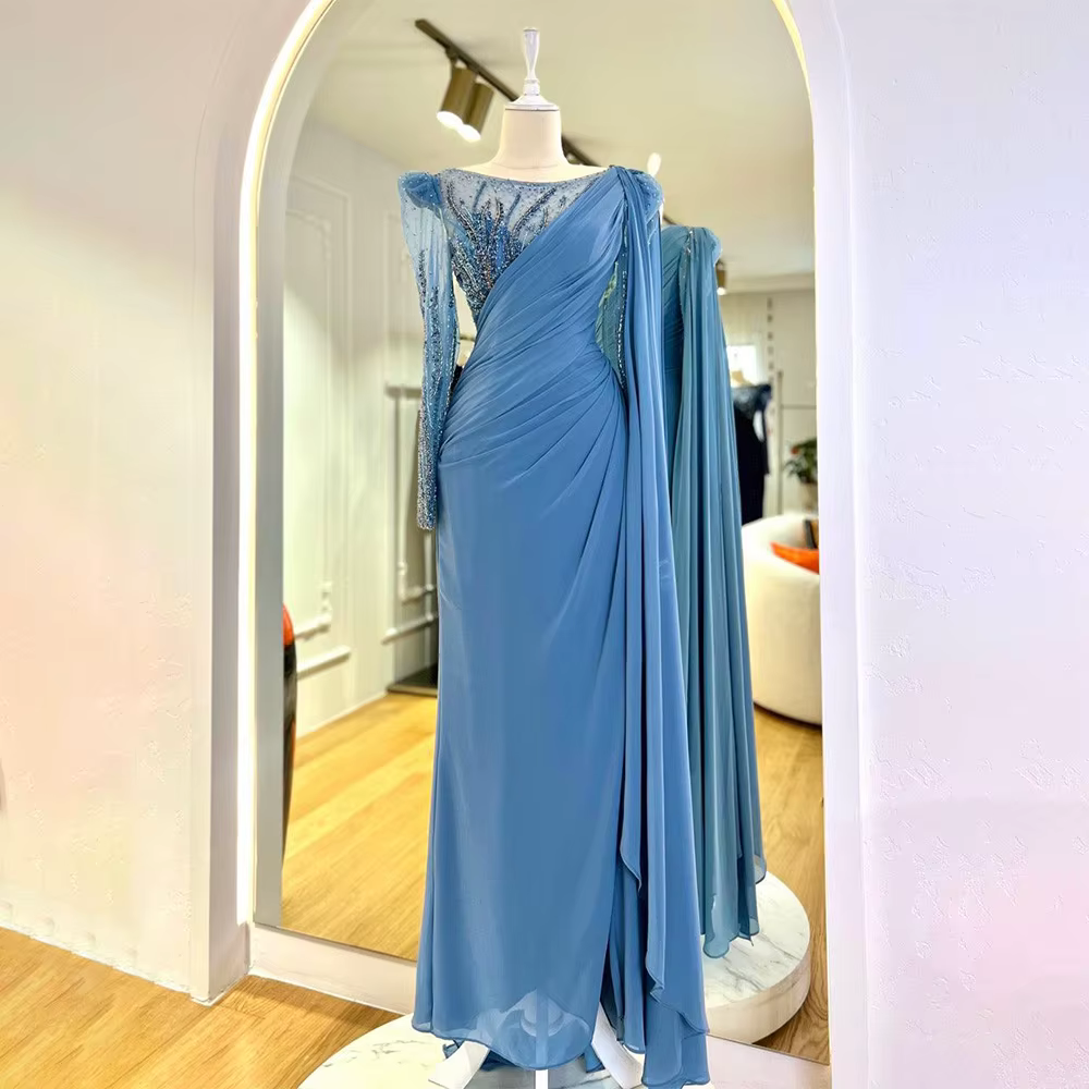 Robe de Soirée de Luxe pour Femme, Tenue Formelle à Manches sulf, Bleu Ciel, Perlage, Sirène Frontal