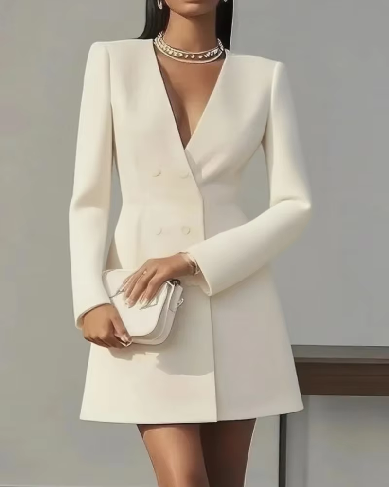 Robe Blazer Élégante à Col en V et Double Boutonnage à Manches Longues pour Femme – Idéale pour le B