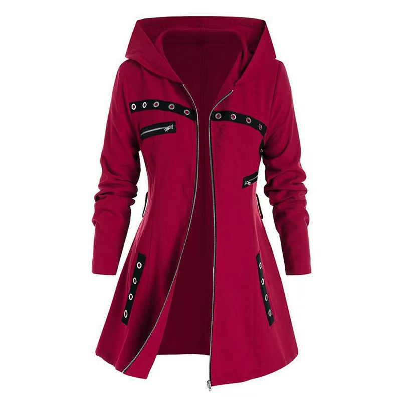 Veste à capuche punk gothique à manches longues pour femmes avec fermeture éclair, manteau long, swe