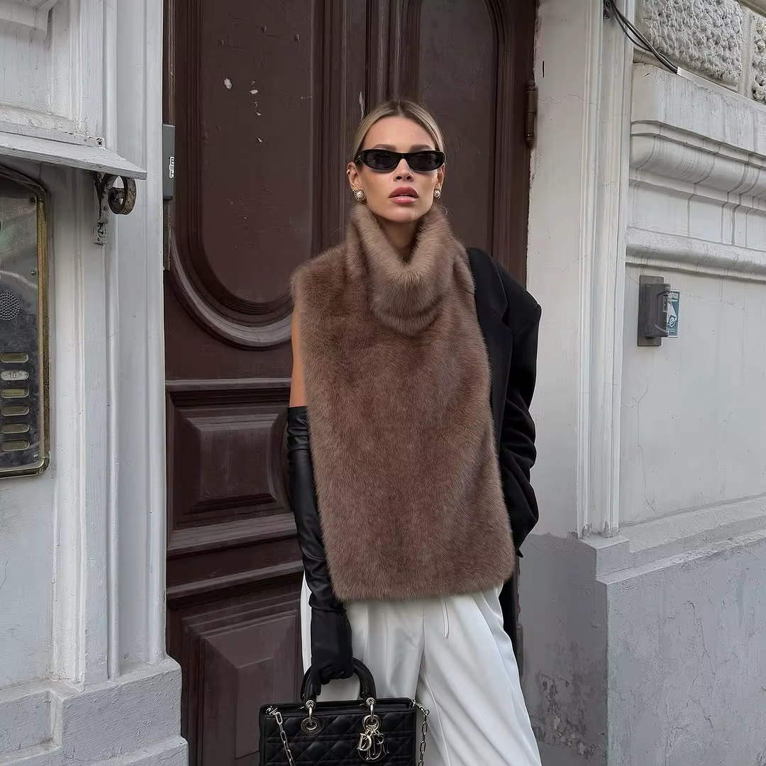 Manteau en fausse fourrure à lacets pour femme, couleur unie, Chic, revers, col en v, ample, chaud, 