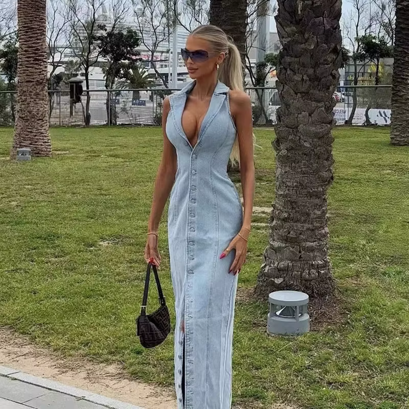 Robe longue en Denim pour femmes, Sexy, col en v, slim, Maxi, sans manches, simple boutonnage, fendu