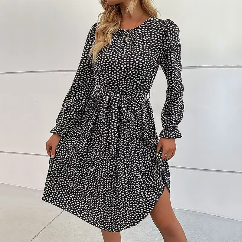 Robe imprimée léopard pour femmes, nouvelle mode, élégante, polyvalente, col rond, manches longues, 