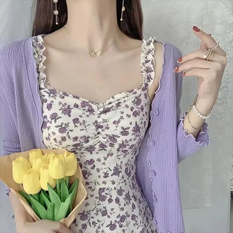 Robe à imprimé floral violet lilas avec cardigan, ensemble deux pièces, robe longue élégante pour fe