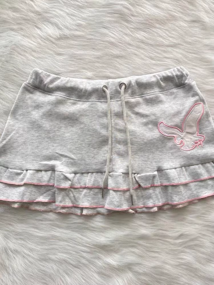Mini-jupe brodée esthétique Y2K pour femme, style Harajuku, avec cordon de serrage, mignonne et tend