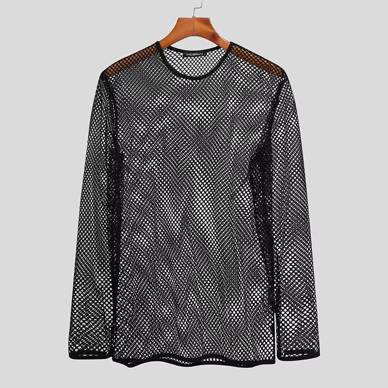 T-shirts en résille pour hommes, col rond, manches longues, hauts transparents, sous-vêtements muscl