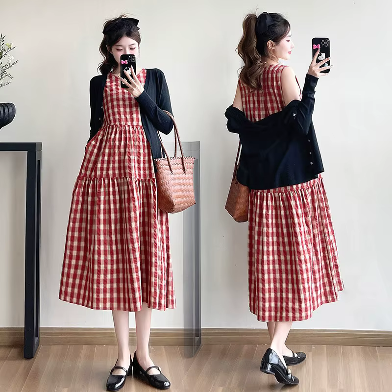Robe midi de maternité décontractée, longueur genou, tendance printemps-été, en tissu tricoté à moti