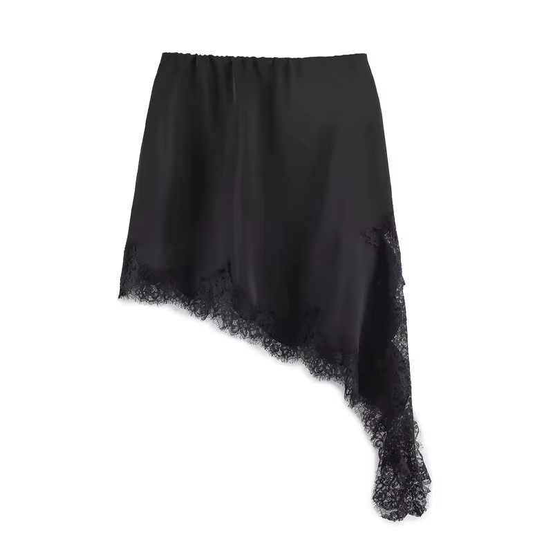 Jupe en satin et dentelle pour femme, élégante, asymétrique, mini-jupe vintage à taille élastique, f