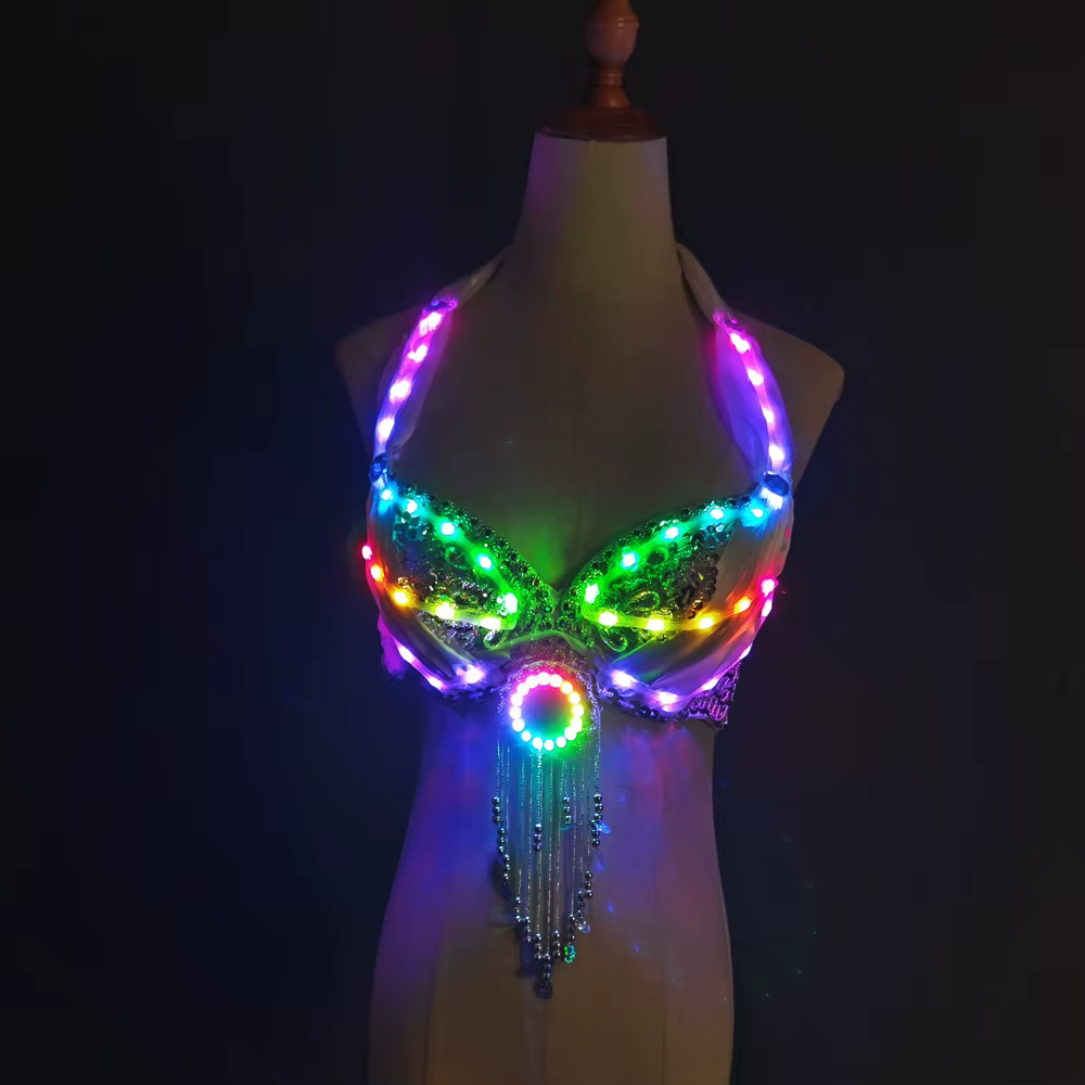 Jupe fendue de danse du ventre pour femmes, lumières de couleur LED, vêtements d'entraînement profes