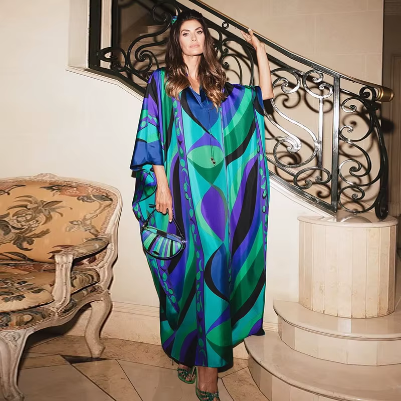 Robe longue bohème à imprimé floral pour femme, col en V, manches mi-longues, coupe oversize, maxi r