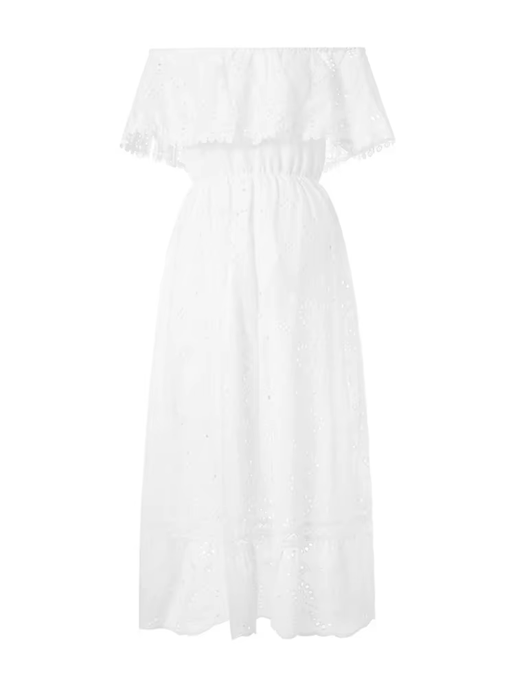 Femmes bohème blanc robe longue à manches courtes épaules dénudées dentelle à volants robe ample vac