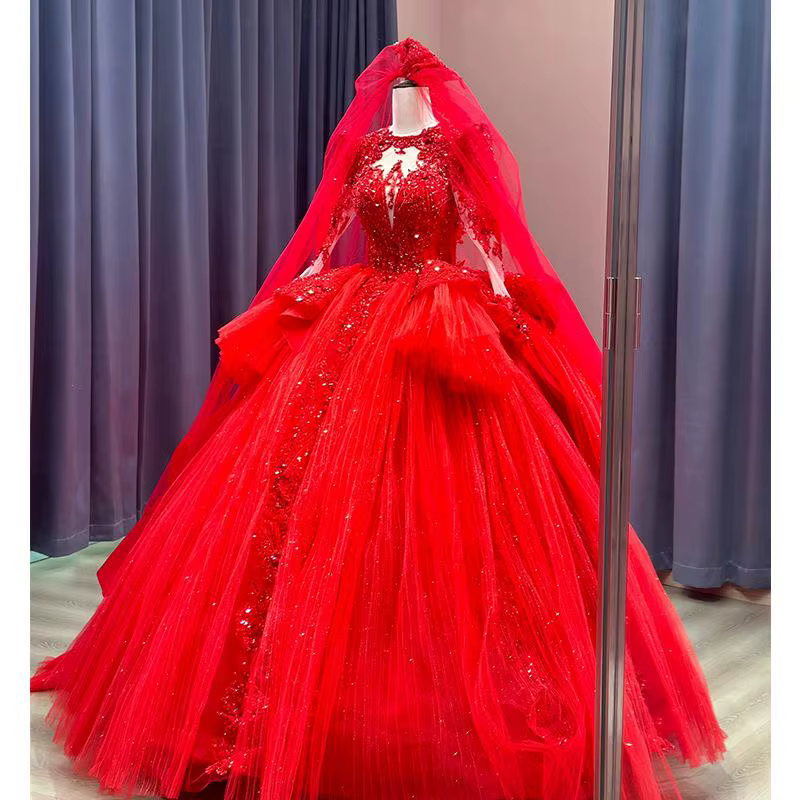 Robe de mariée à manches longues, sensation haut de gamme, rétro, perles, Style palais, industrie lo