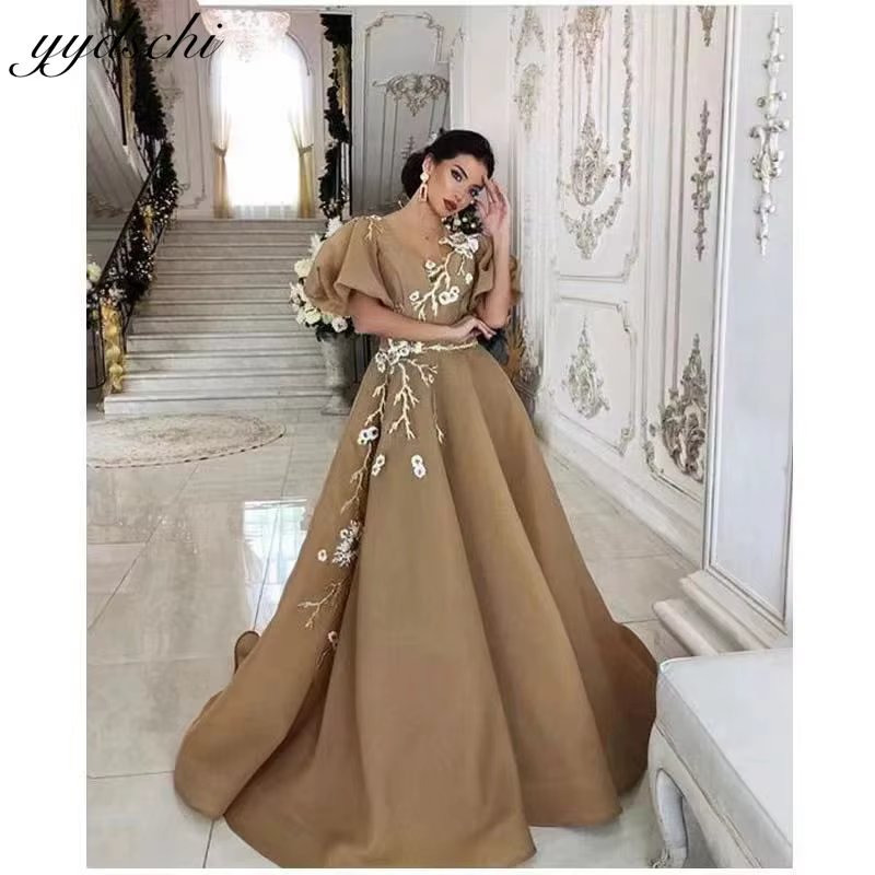 Robes de soirée élégantes marron coupe trapèze à manches courtes avec appliques en tulle, longues ro