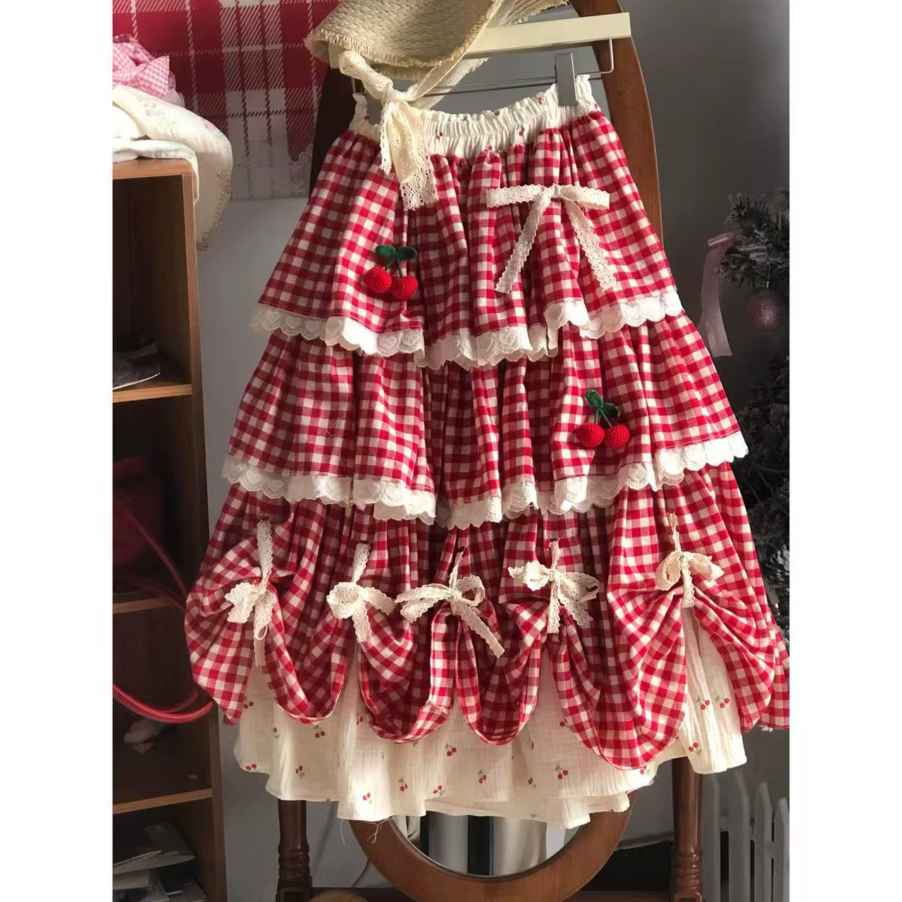 Jupe gâteau à volants multicouches pour femmes, demi-jupe en dentelle, nouveau Design cerise, Style 