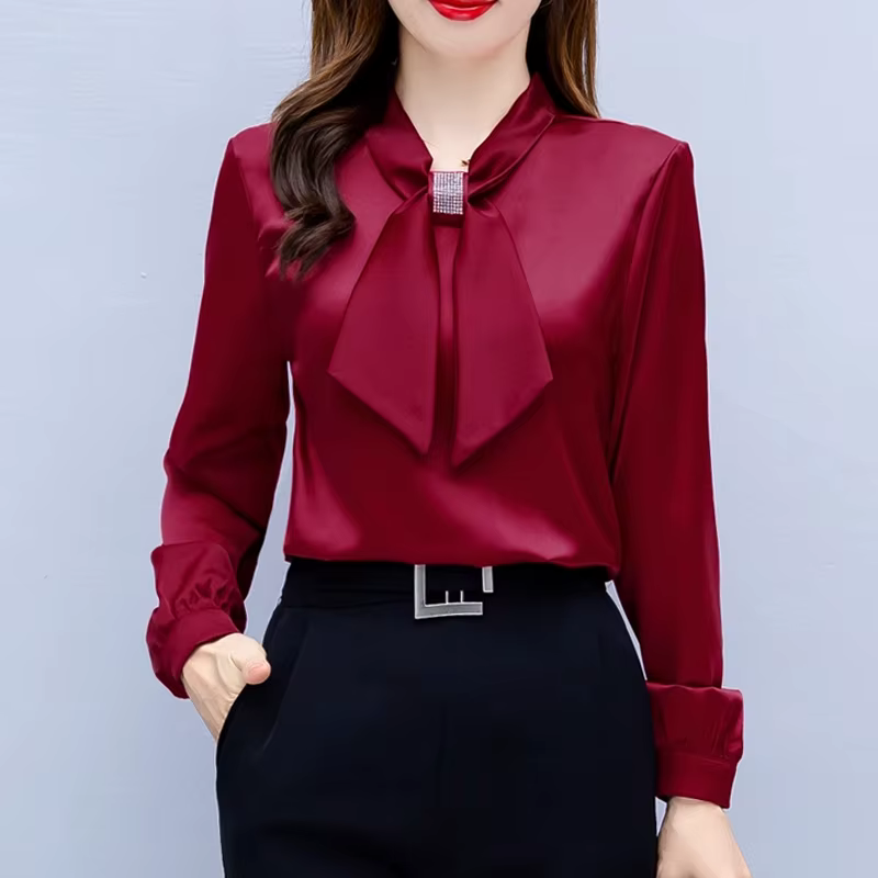 Chemisier à manches longues en mousseline de soie pour femmes, col à nœud, chemise, chemisiers, chem