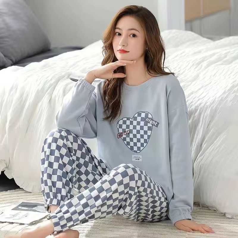 Pyjamas femmes à manches longues pantalons longs ensemble ample Plaid étudiant pyjamas peut être por