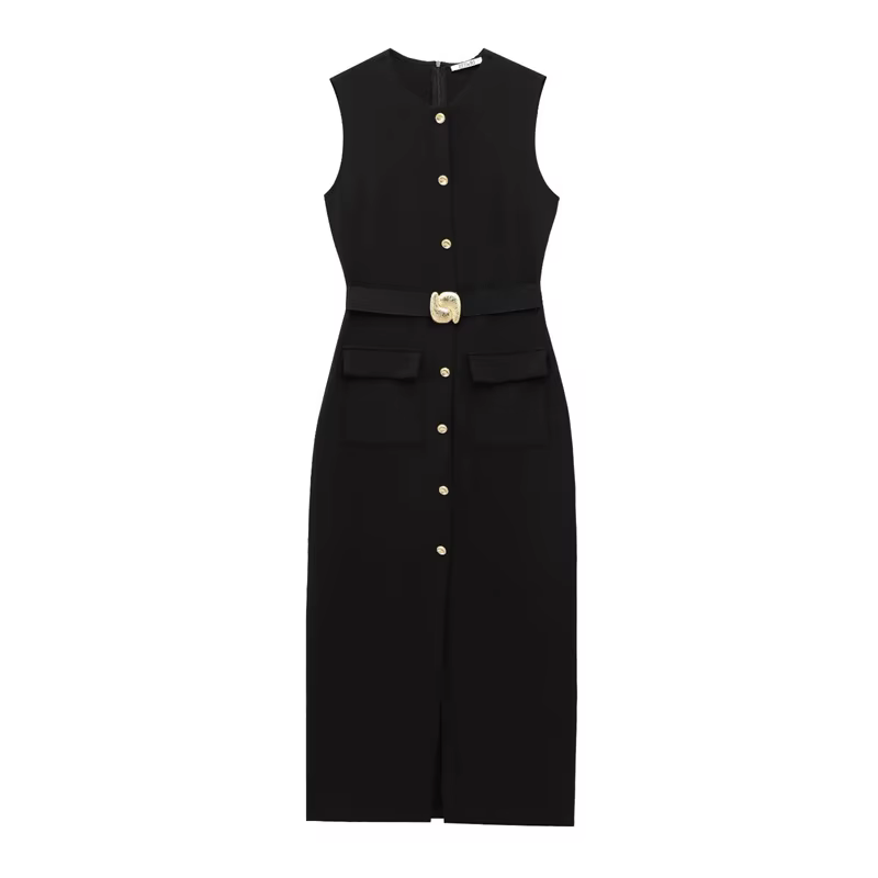 Robe femme noir robes longues printemps été 2025 boutonné sans manches robe d'été robes élégantes dé
