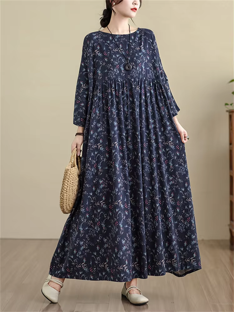Coton à manches longues Vintage imprimé robes Vintage pour femmes surdimensionné décontracté Robe lo
