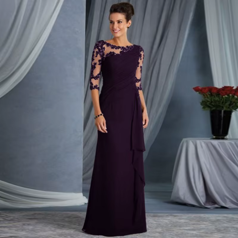 Robe longue élégante pour femme, style tempérament, avec patchwork de dentelle transparente, manches