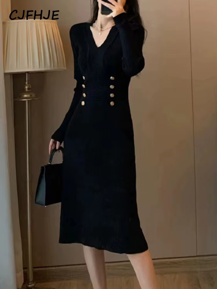 CJFHJE-Robe fourreau mi-longue pour femme, col en V, manches longues, mélange de laine, chaud, ogo,