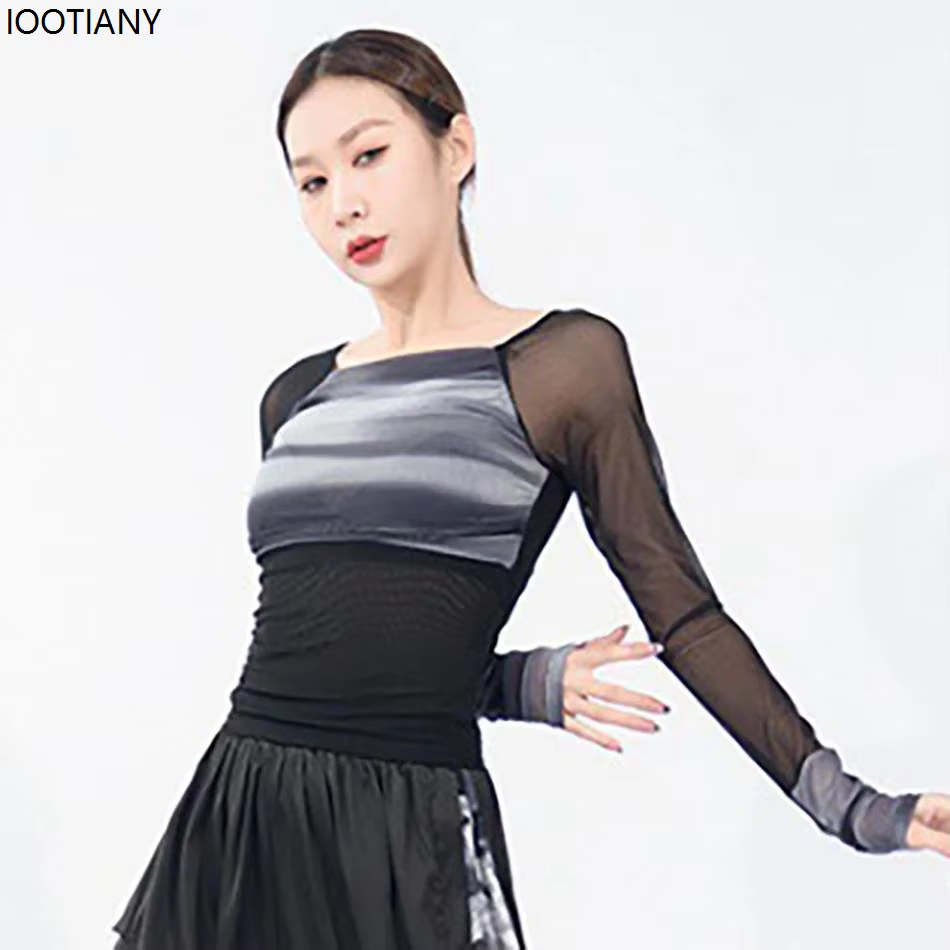 Jupe de danse classique moderne pour femme, haut épissé à manches longues, costume de danse latine,
